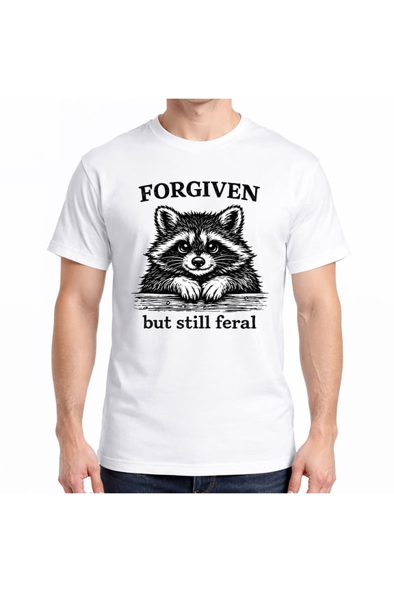 Forgiven But Still Feral T-Shirt – Funny Raccoon Graphic Tee – Cute Christian Humor Shirt for Men & Women