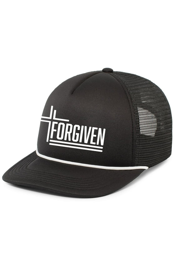 Forgiven Cross Christian Mens Hat Embroidered Foam Front Mesh Rope Back Trucker Baseball Cap, Black/White