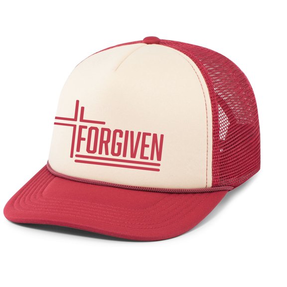 Forgiven Cross Christian Mens Hat Embroidered Foam Front Mesh Rope Back Trucker Baseball Cap, Khaki/Dark Red/Dark Red