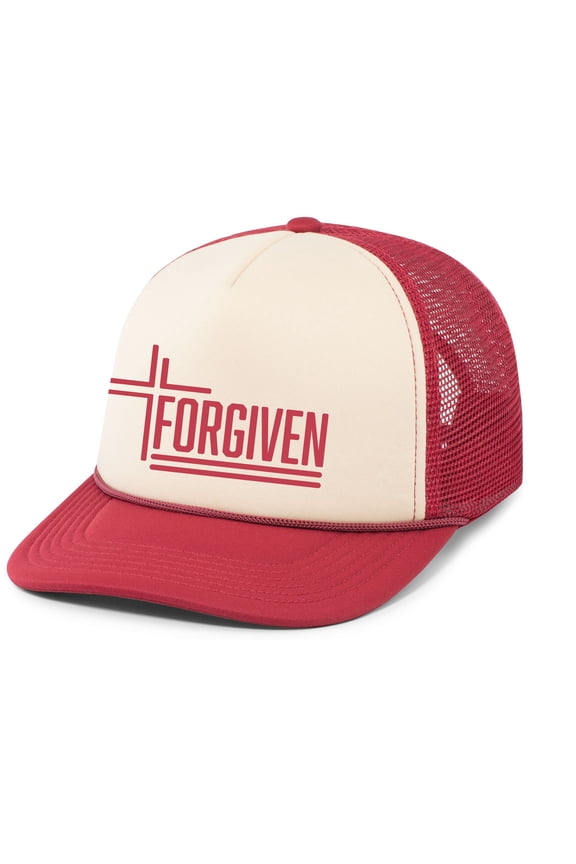 Forgiven Cross Christian Mens Hat Embroidered Foam Front Mesh Rope Back Trucker Baseball Cap, Khaki/Dark Red/Dark Red