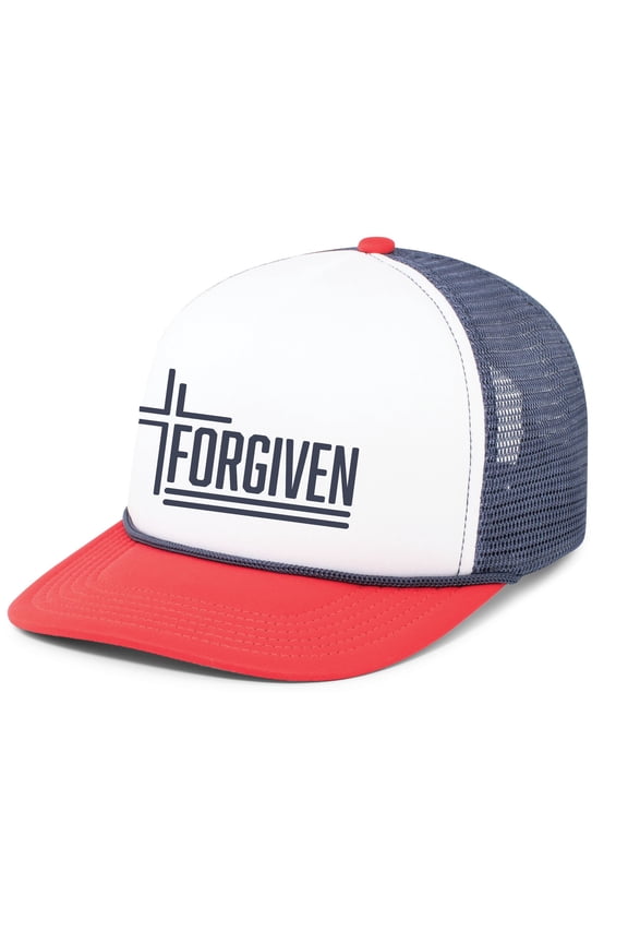 Forgiven Cross Christian Mens Hat Embroidered Foam Front Mesh Rope Back Trucker Baseball Cap, White/Navy/Red