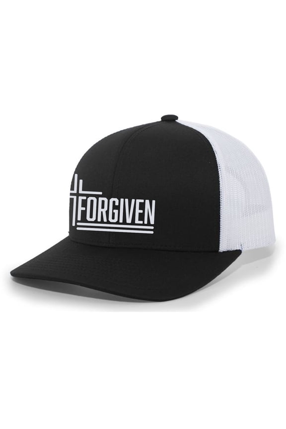 Forgiven Cross Christian Mens Hat Embroidered Mesh Back Trucker Baseball Cap, Black/White