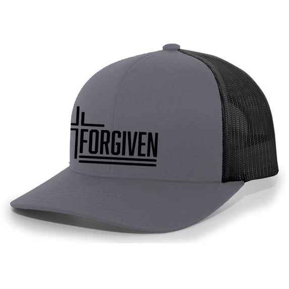 Forgiven Cross Christian Mens Hat Embroidered Mesh Back Trucker Baseball Cap, Charcoal/Black
