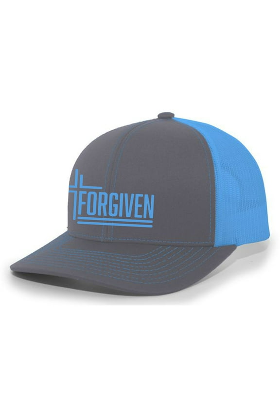 Forgiven Cross Christian Mens Hat Embroidered Mesh Back Trucker Baseball Cap, Charcoal/Neon Blue