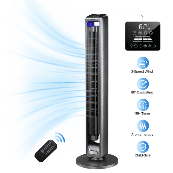 Forhonn 42" Tower Fan with Remote, Wide 80Oscillating Fans w/ Sleep Mode, 3 Speeds, 26 ft/s Wind Power, 15H Timer, LED Display, Detachable Cleaning Fence,Essential Oil Tray, Bright Gray