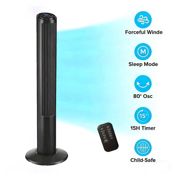 Forhonn Tower Fans for Home, 40" Standing Floor Fan with Remote, 80Oscillating Fan, 26 ft/s High Velocity, LED Display, 3 Speeds, 2 Modes, 15H Timer, Quiet Bedroom Fan
