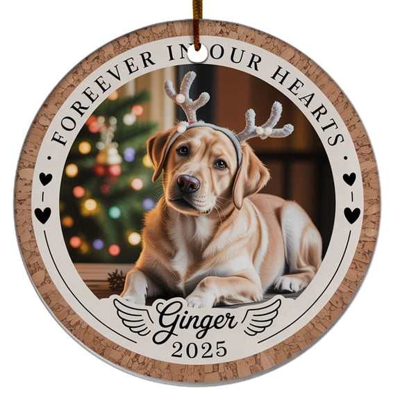 Forin Our Hearts Ceramic Christmas Ornament 2025, Photo Frame Dog Christmas Ceramic Ornament, Custom Name Text & Picture Pet Memorial Christmas Ornaments