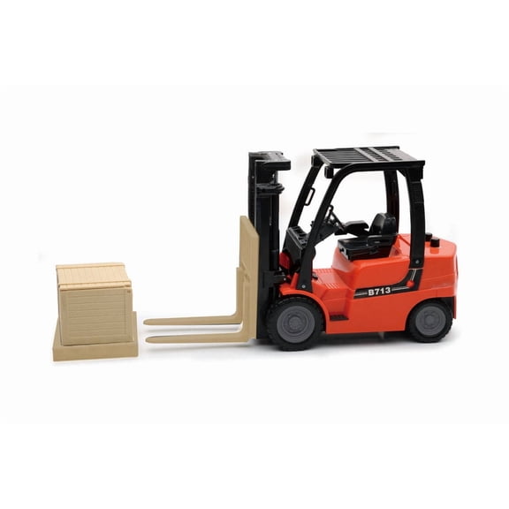 Fork Lift with pallet and Crate, Orange /Black - New Ray 1166 - 1/14 scale Plastic Model Toy Car