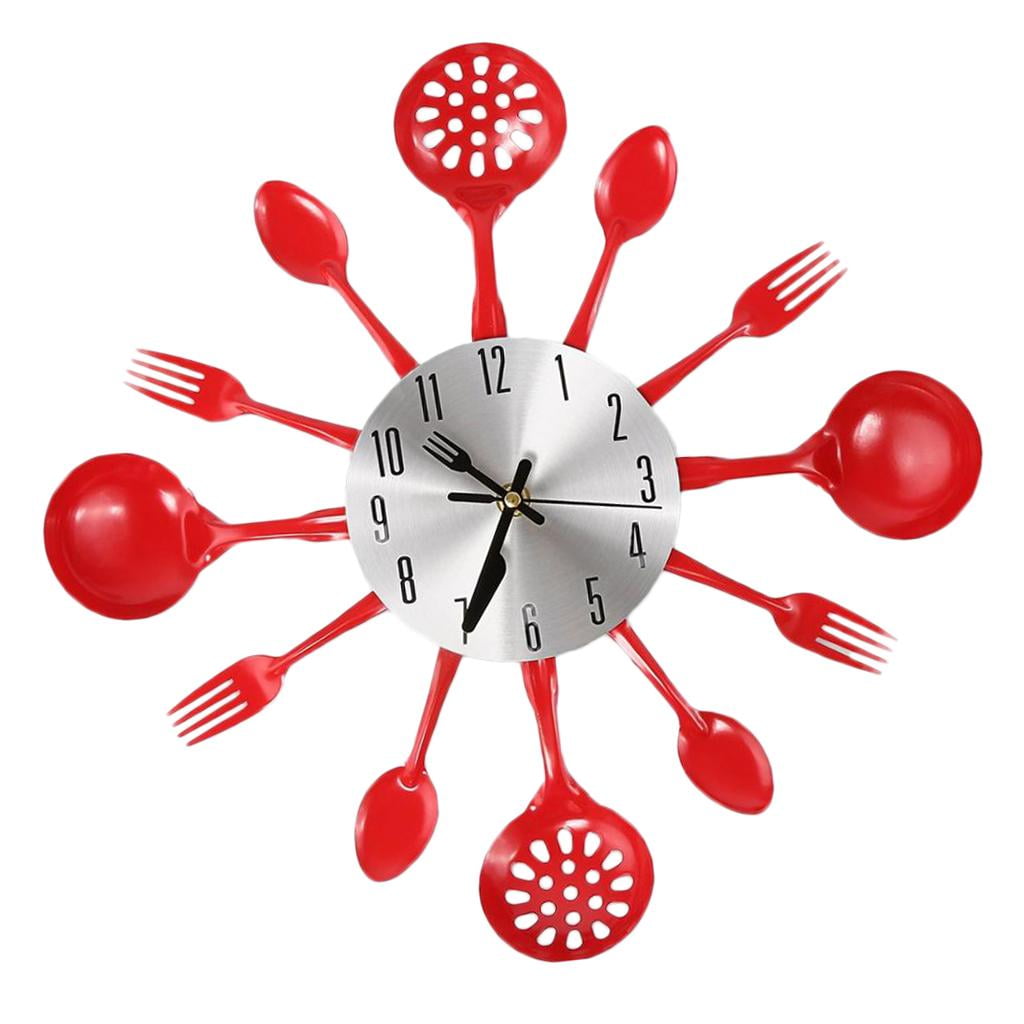 Fork and Spoon Wall Clock Metal Kitchen Cutlery Utensils Wall Clock Mute Home Red - Walmart.com