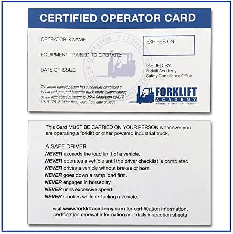 Forklift Certification Wallet Cards (Package Of 20)