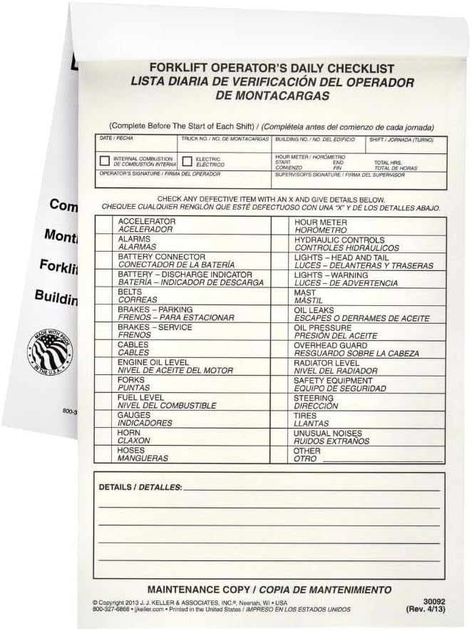 forklift-operator-daily-checklist-10-pk-bilingual-book-format-2-ply-carbonless-5-5-x-8-5-31-sets-of-forms-per-book-safety-maintenance-forklift-checklist-inspection-book-j-j-keller-walmart-com for Free Printable Daily Forklift Inspection Checklist Forklift Operator Daily Checklist 10-pk. - Bilingual, Book Format, 2-Ply, Carbonless, 5.5