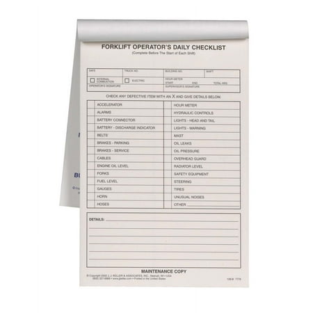 Forklift Operator Daily Checklist 10-pk. - Book Format, 2-Ply, Carbonless, 5.5" x 8.5", 31 Sets of Forms Per Book