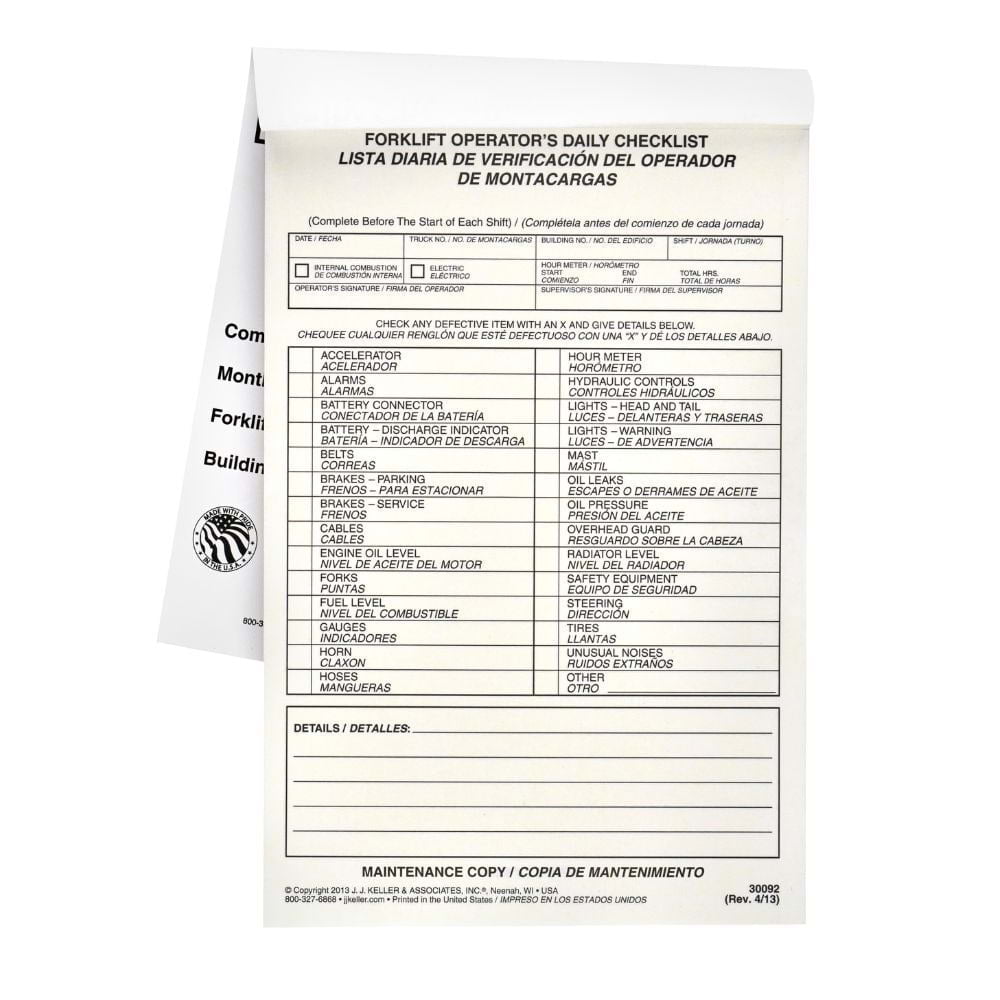 Forklift Operator Daily Checklist Forms 25-pk. - Bilingual, Book Format, 2-Ply, Carbonless, 5.5