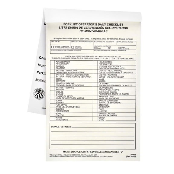 Forklift Operator Daily Checklist Forms 25-pk. - Bilingual, Book Format, 2-Ply, Carbonless, 5.5"x8.5", 31 Sets of Forms Per Book