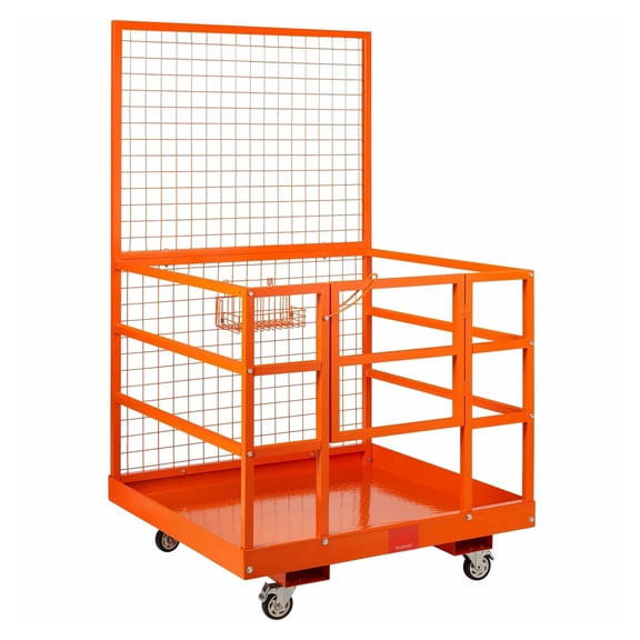 Forklift Safety Cage 1400lbs Capacity, Work Platform 43x45in with Harness & Lock, Aerial Lift Basket with Drain & Wheels
