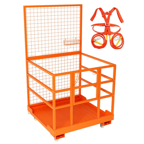 Forklift Safety Cage,1800LBS Capacity Forklift Man Basket Work Platform with Guardrail and Safety Lock for 1-3 People,2 Wheels with Brakes and 2 Wheels Without Brakes