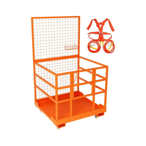 Forklift Safety Cage with Wheels, 45 x 43 Inches Forklift Work Platform with Safety Harness & Wheels, 1400lbs Capacity 2-Man Collapsible Man Lift Basket