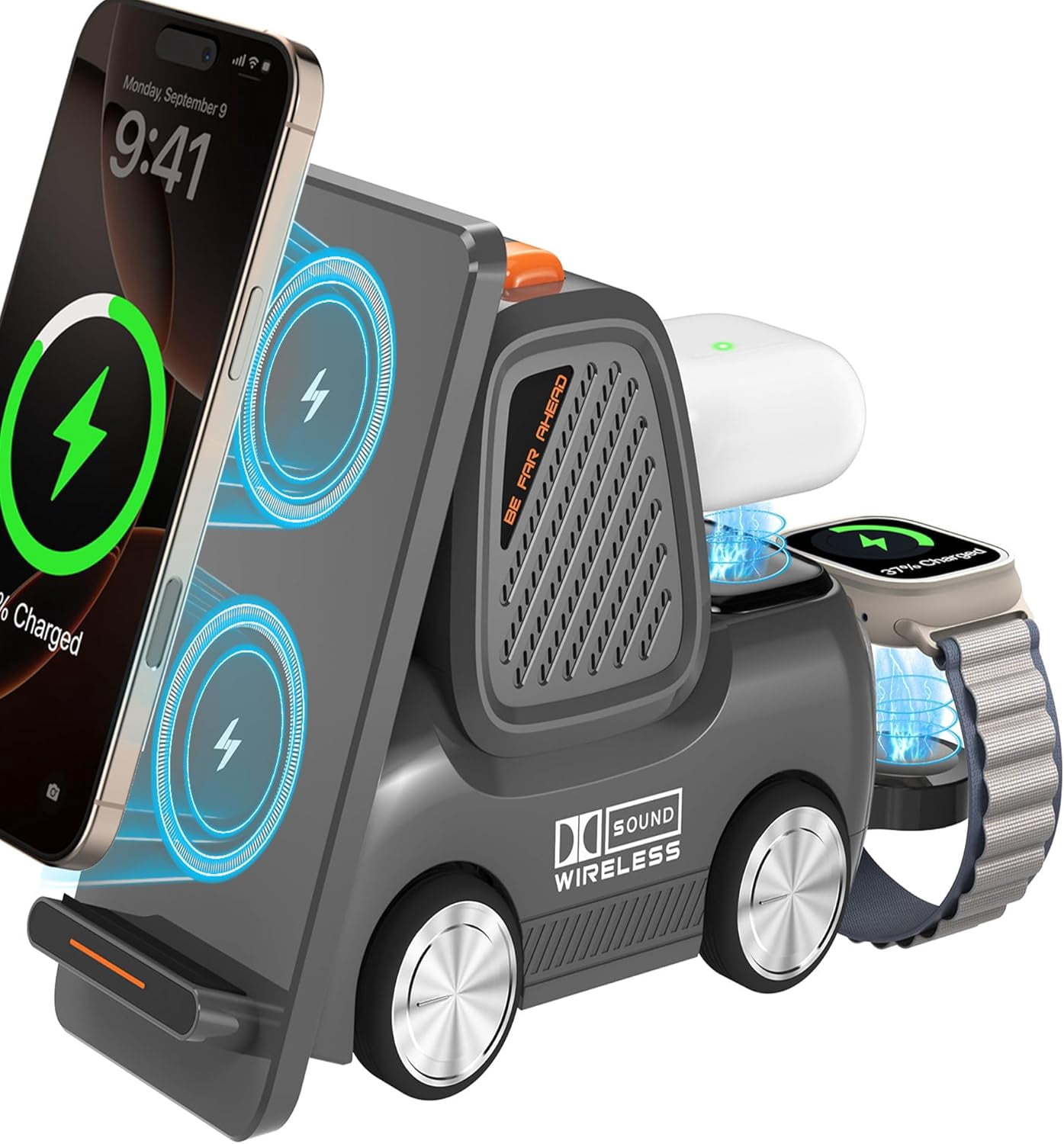 Forklift Wireless Charging Station with Bluetooth Speaker, 4 in 1 Wireless Fast Charger Multiple Devices, Compatible with iPhone16 15 14 13 Pro Max Series, Apple iWatch, Airpods, Android Phones
