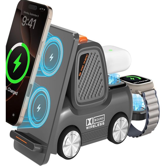 Forklift Wireless Charging Station with Bluetooth Speaker, 4 in 1 Wireless Fast Charger Multiple Devices, Compatible with iPhone16 15 14 13 Pro Max Series, Apple iWatch, Airpods, Android Phones