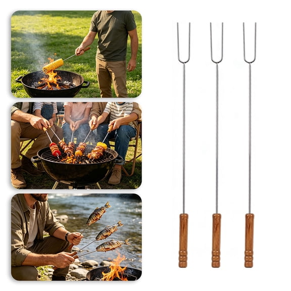 Forks 19 Inch Solid Iron Marshmallow Sticks with Wooden Handles, Heavy Duty Camping Essentials for Fire Pit Roasting, BBQ Grilling and Outdoor Cooking, for Campfire