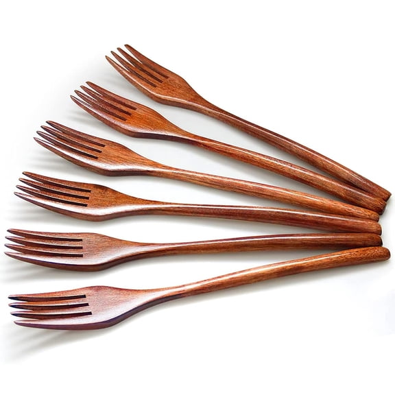 Forks,Wooden Forks, Ksopiavobs 6 Pieces Eco-friendly Japanese Wood Salad Dinner Forks Wooden Forks Set Reusable Handmade Natural Wood Flatware Set for Cooking Stirring Eating