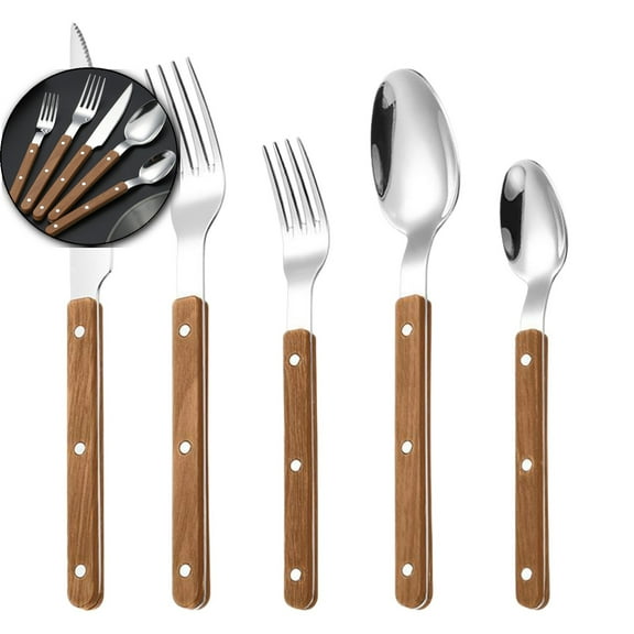 Forks and Spoons Set, Wooden Handle Flatware Set 5-Piece Stainless Steel Cutlery Set Wooden Spoons Dinner Knife Dinner Fork and Spoon Set