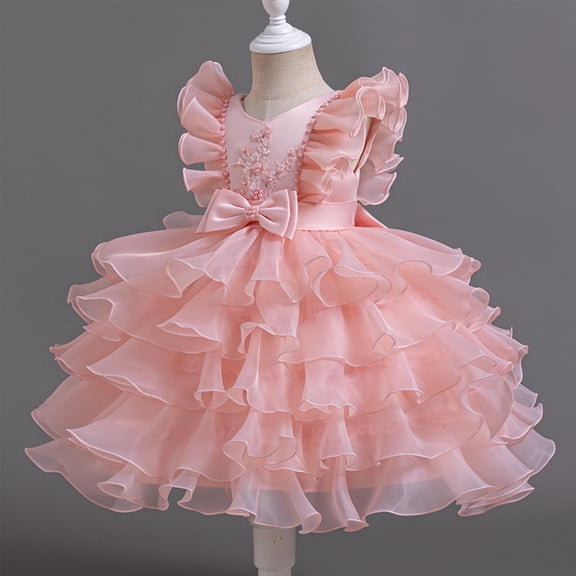 Formal A-Line Dresses for Girls Size 3-12 Layered Ruffle Sleeve Bowknot High Waisted Solid Performance Evening Party Prom Tutu-Dress