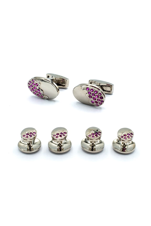 Formal Business or Wedding Shirts Tuxedo Cufflinks and Studs Set for Men with Synthetic Ruby Sterling silver 925 Oval shape