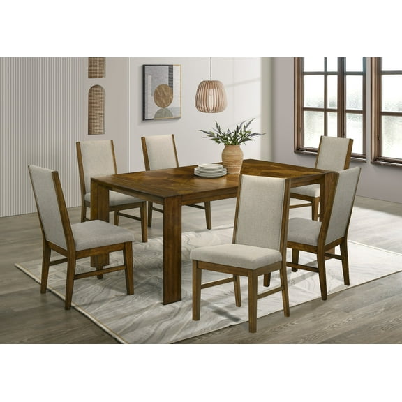 Formal Casual 7pc Dining Set Table Upholstery Chairs Rich Wood Finish Solid Wood