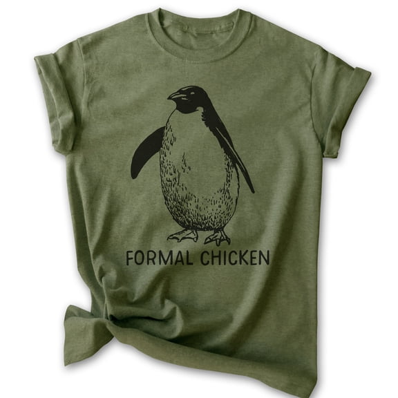 Formal Chicken T-shirt, Unisex Women's Men's Shirt, Funny Penguin Animal Joke Bird, Heather Military Green, Medium