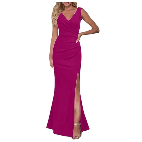 Formal Cocktail Dresses for Women Ladies Elegant Sleeveless V Neck Split Evening Gown Long Dress Evening Dresses Hot Pink S