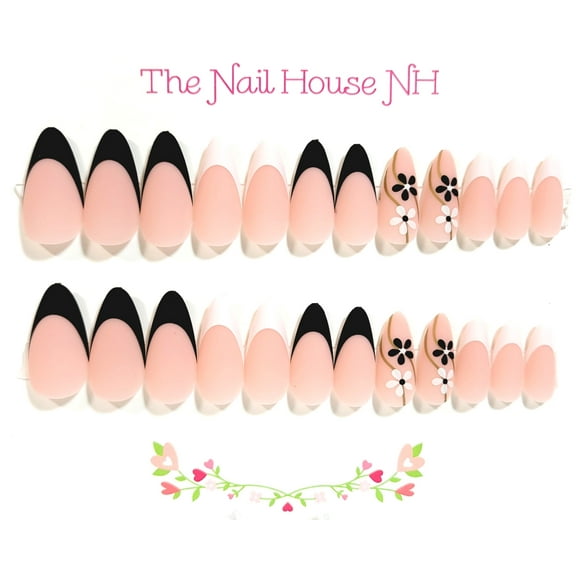 Formal Daisy Matte French Manicure Almond Press-On Nails - 24 Pieces - Artificial Nail Kit