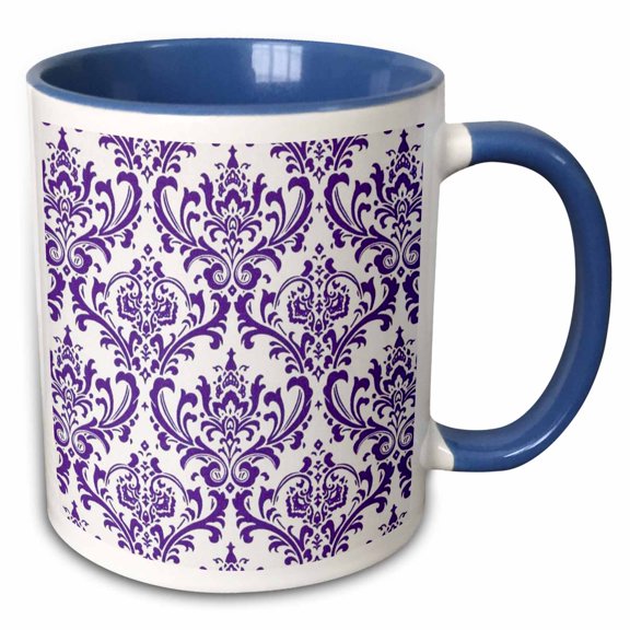 3drose, Formal Damask with Royal Purple on White, 11oz Two-tone Blue Mug