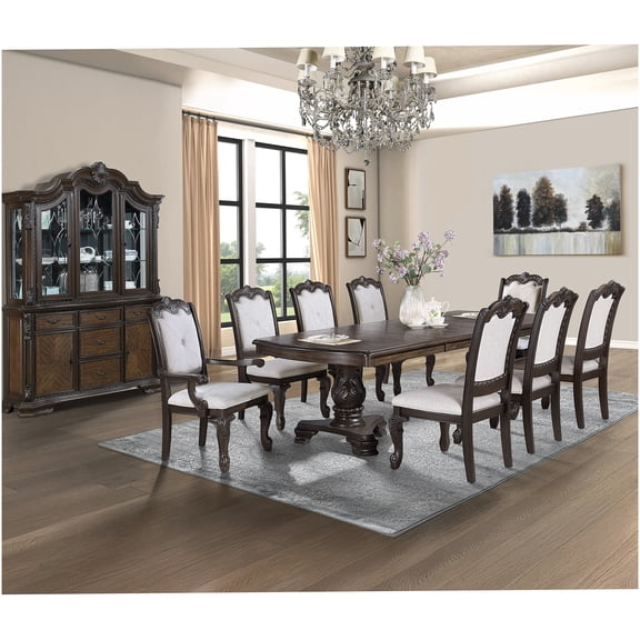 Formal Dark Brown Rectangular Dining Table Set with 8 Upholstered Chairs, Double Pedestal Base and Extendable Leaf