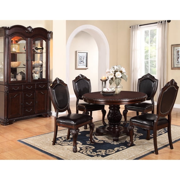 Formal Dining Room 5pc Assemblage: Dark Brown Round Table & 4 Solid Back Chairs Classic : With Pedestal Intricately Crafted Wood