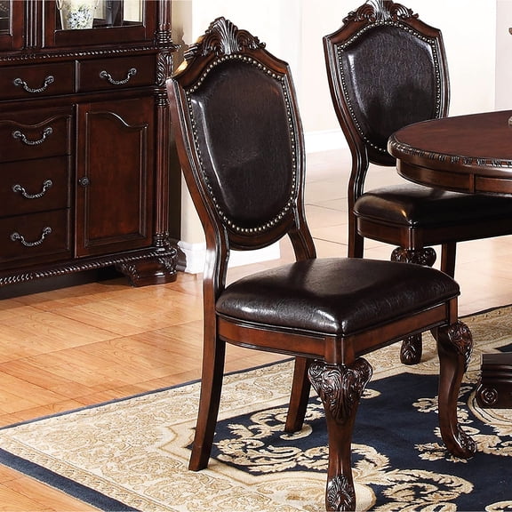 Formal Dining Room Side Chairs, Brown Rubberwood With Faux Leather Upholstery And Intricate Artistry Configuration