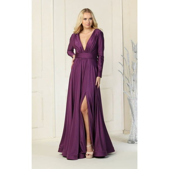 Women's May Queen MQ1835 Long Sleeve V Neck Bridesmaids Dresses Eggplant 14