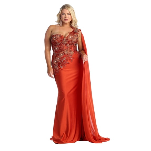 Women's Royal Blue Queen RQ7943 Long Embroidered One Shoulder Prom 2026 Dress With Cape Rust Reddish-brow 6