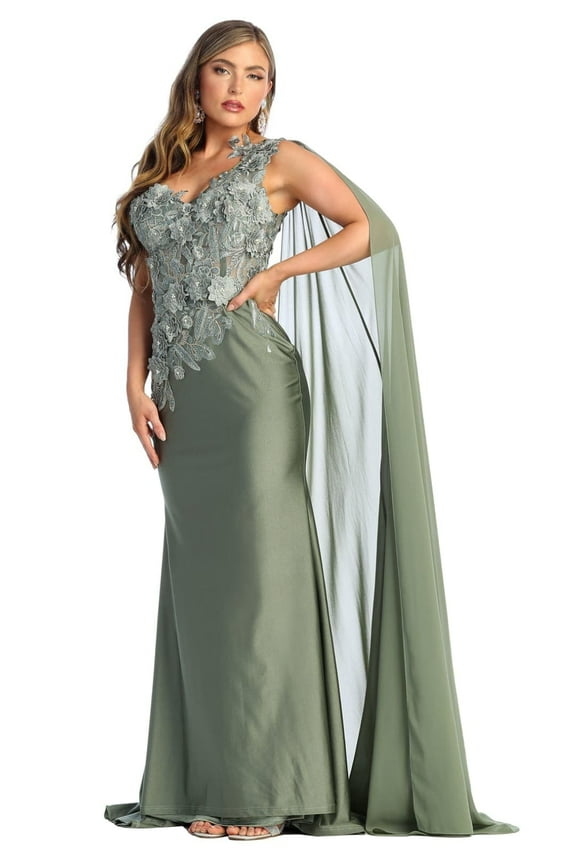 Women's Royal Blue Queen RQ7943 Long Embroidered One Shoulder Prom 2026 Dress With Cape Sage Green 2