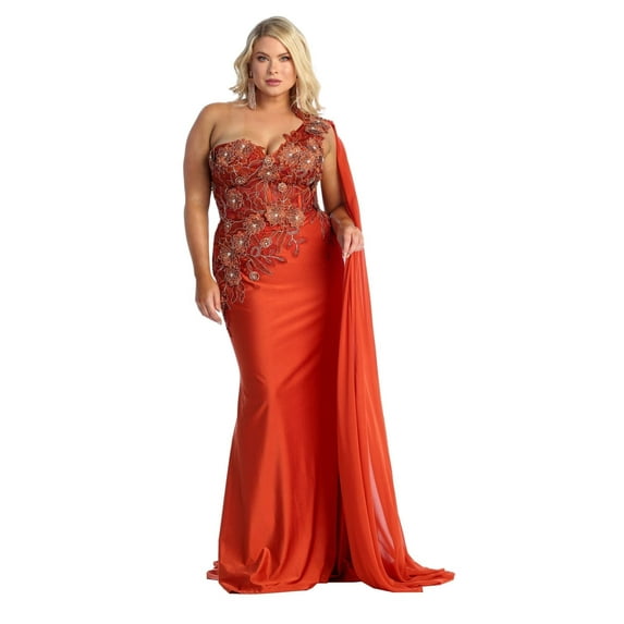 Women's Royal Blue Queen RQ7943 Long Embroidered One Shoulder Prom 2026 Dress With Cape Rust Reddish-brow 2
