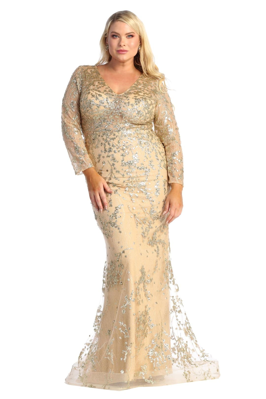 green emerald velvet dress Final Sale Plus Size Gown in Gold Foil Fabric with Side Slit main image 1