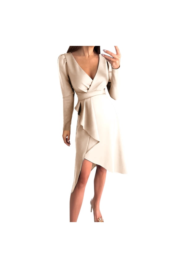 Formal Dress for Women Deep V Neck Solid Long Sleeve High Waist Work Business Dress Asymmetrical Hem Cocktail Dress