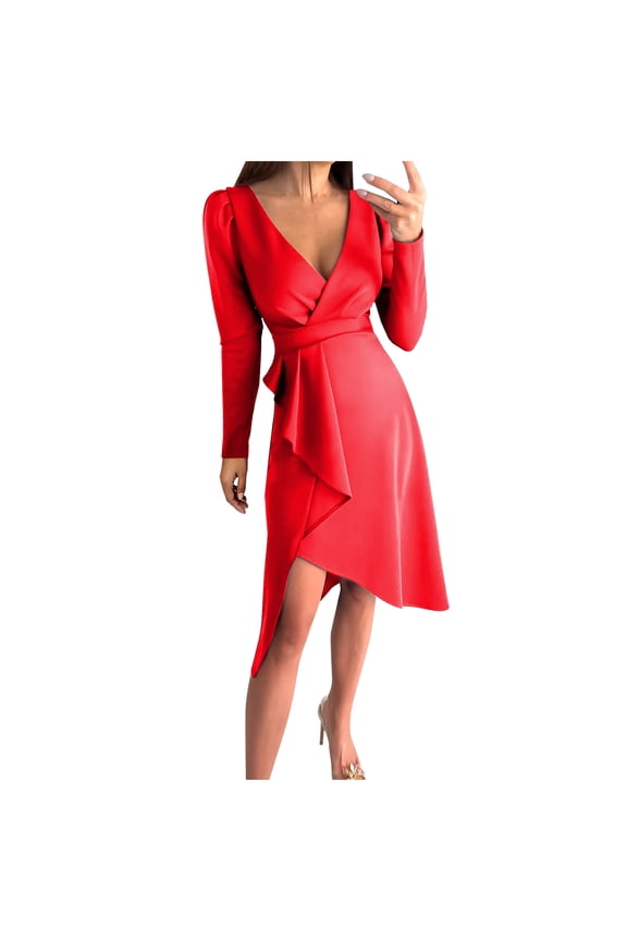 Formal Dress for Women Deep V Neck Solid Long Sleeve High Waist Work Business Dress Asymmetrical Hem Cocktail Dress