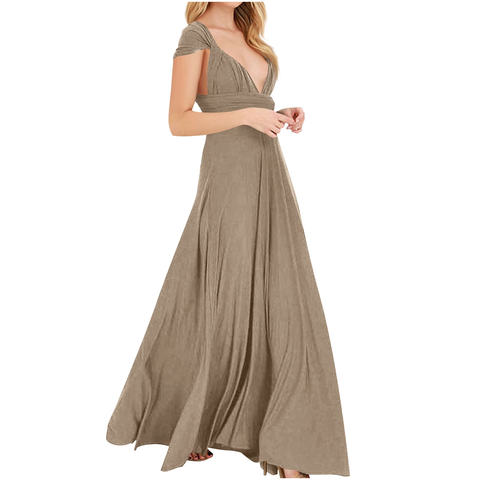 CGMDTZ Formal Dress for Women Evening Gown V Neck Short Sleeve Long Flowing A-Line Maxi Dress Wedding Guest Prom Dresses, Women's, Size: XL