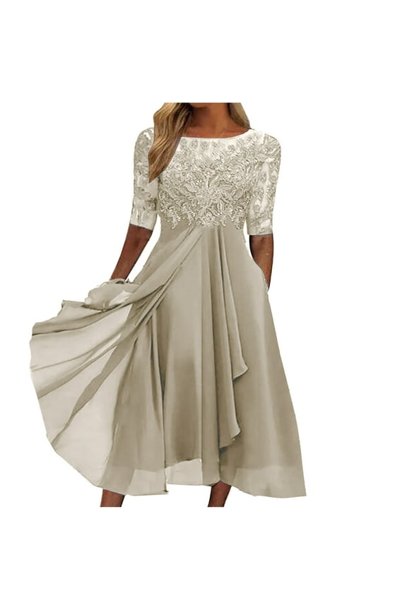 Formal Dresses For Women Women Sexy Solid Half Sleeve Round Neck Lace Chiffon Mesh Waist Party Dresses Khaki M