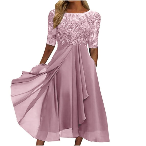 Formal Dresses For Women Women Sexy Solid Half Sleeve Round Neck Lace Chiffon Mesh Waist Party Dresses Pink S