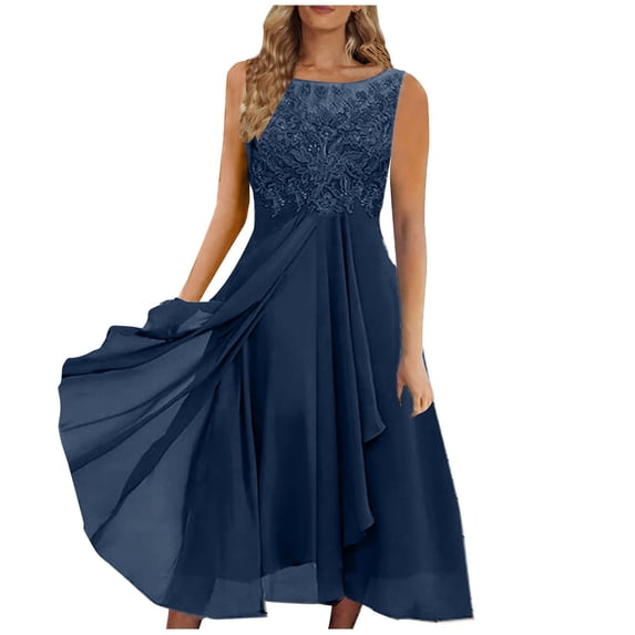 Formal Dresses For Women Women Sexy Solid Sleeveless Round Neck Lace Chiffon Mesh Waist Party Dresses Navy XL