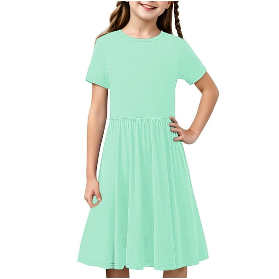 Formal Dresses for Girl Girl's Summer Short Sleeve Midi Dresses Casual Solid Color Crew Neck T-Shirt Dresses Flowy A-Line Beach Sundress New Green 9T