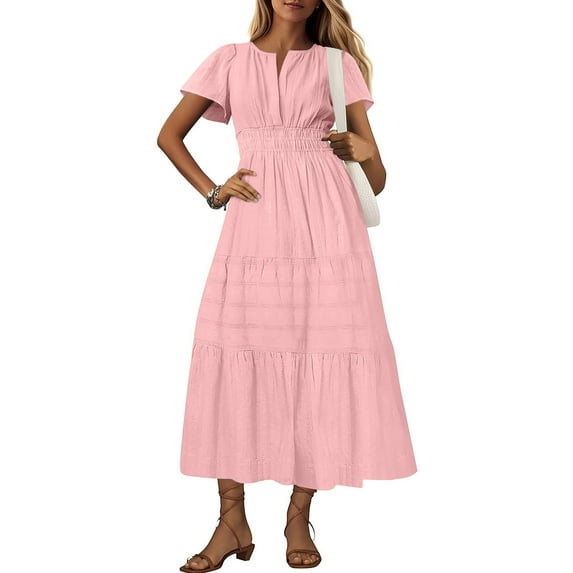 Formal Dresses for Women 2024 Women's Fashion Sexy Solid Short Sleeve V-Neck Pleated Dresses Long Dress Midi Maxi Dresses Elastic Waist Boho Beach Dress Pockets Mini Dresses for Women