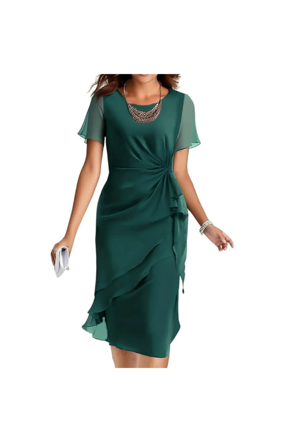 Formal Dresses Women, Chiffon Round Neck Short Sleeve Slim Tunic Casual Beach Cocktail Wedding Guest Dress New Years Eve. Women'S Dresses Denim For Women Linen Dress (XL, Dark Green) ZMTing